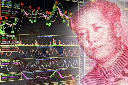 43906393 - charts of financial instruments including various type of indicator for technical analysis on the monitor of a computer, together with face of mao zedong on rmb yuan 100 bill